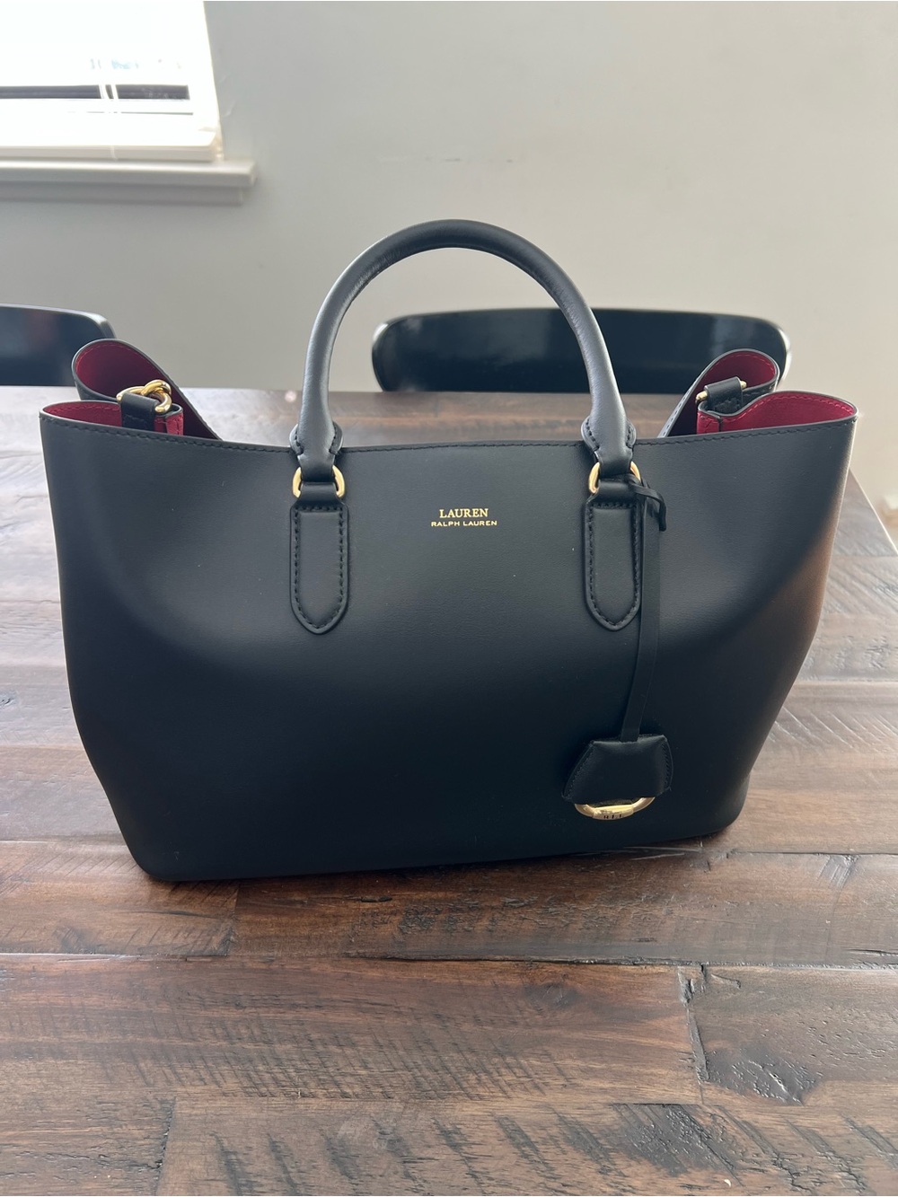 Lauren Ralph Lauren Black Satchel with Red Interior and Gold Hardware